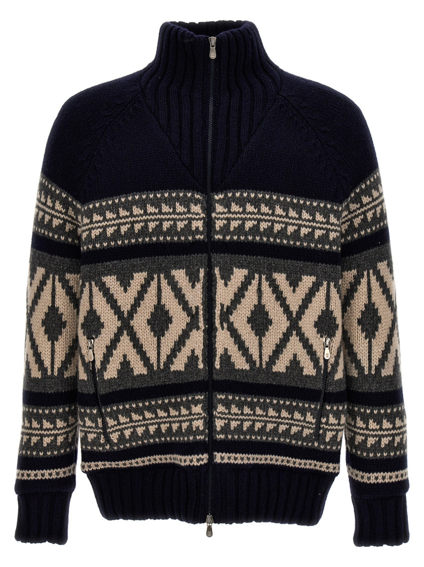 Argyle-check zipped cardigan - Blue
