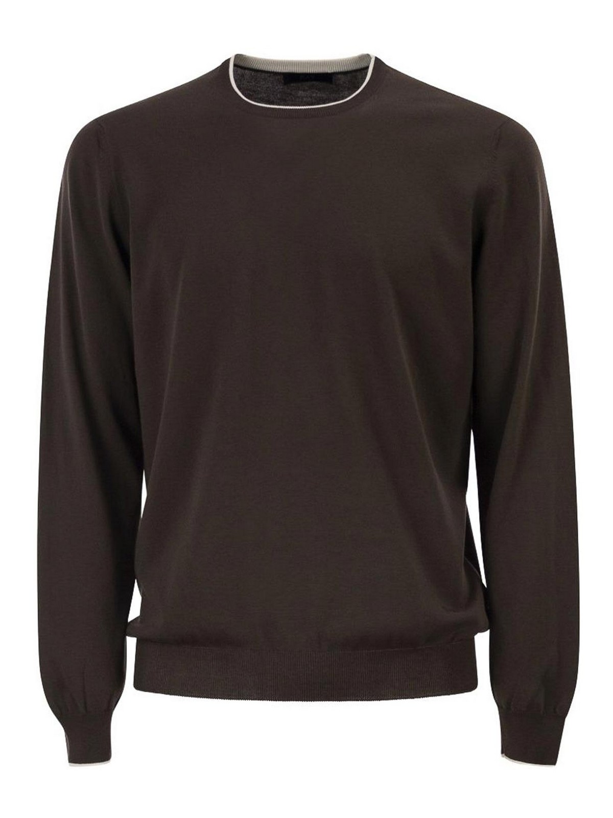 Knit Sweater In Brown Cotton With Crew Neck