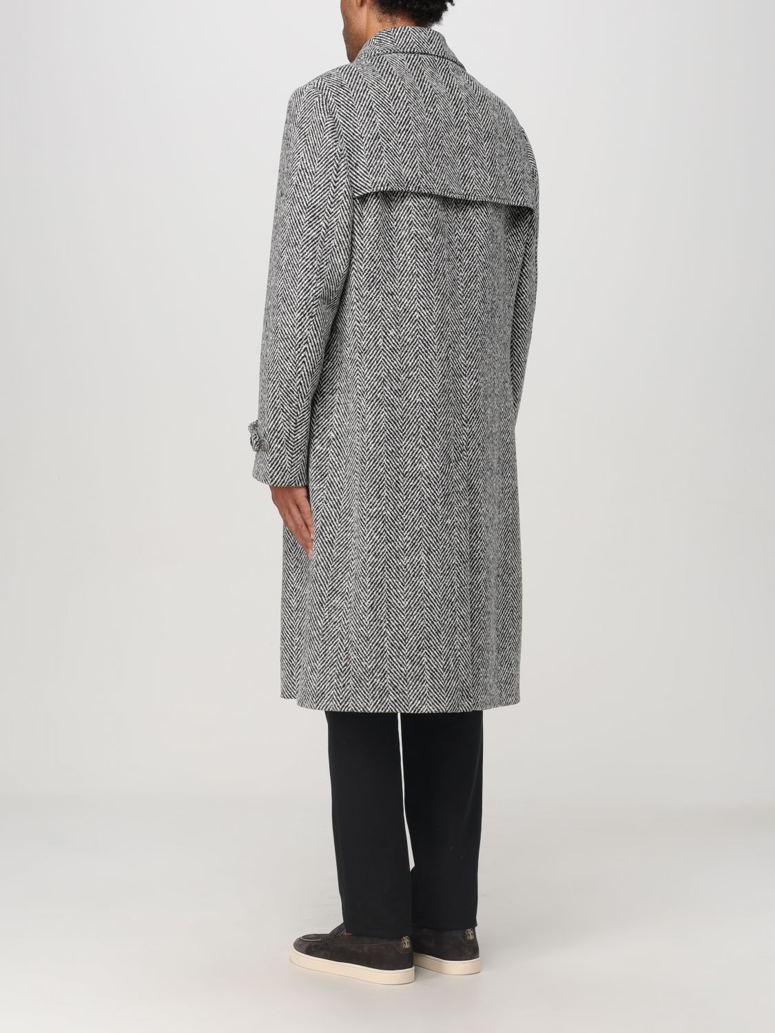 Herringbone-pattern double-breasted coat - Black