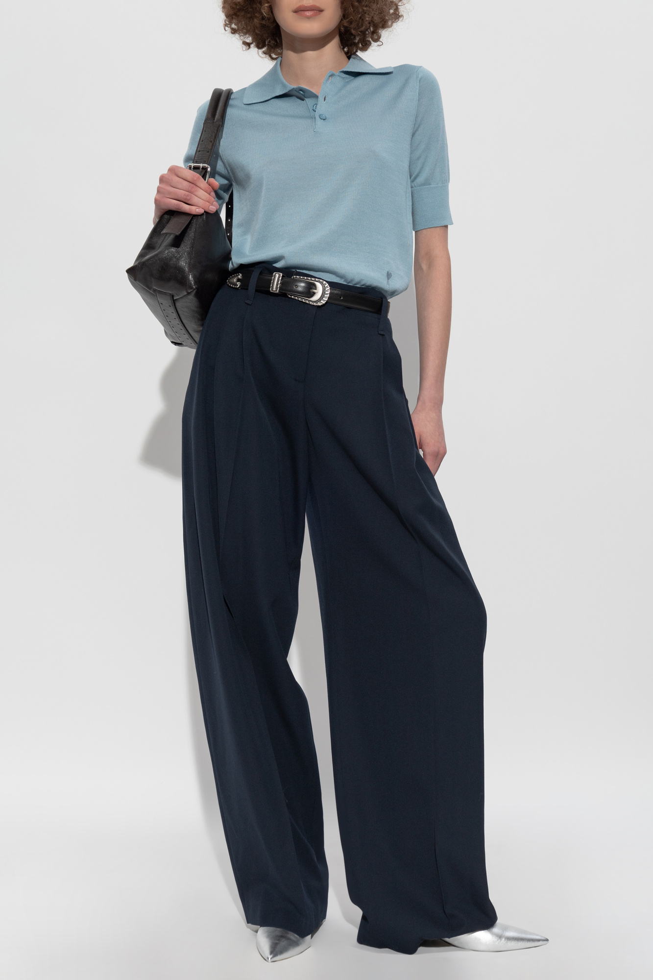 Wide-leg Pleated Trousers, Women's, Navy Blue
