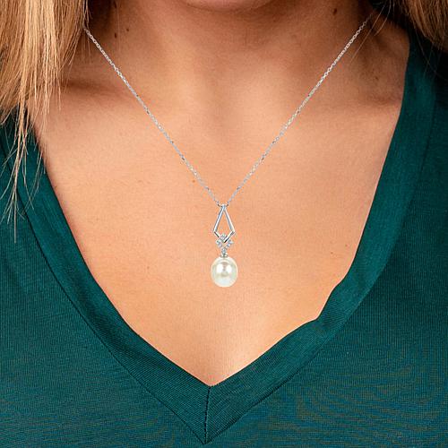 "18"" 9-10mm Cultured Pearl and Created Sapphire Kite-Detail Necklace"