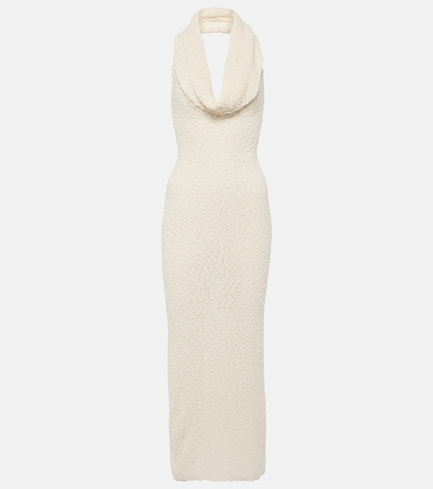 Halterneck cotton-blend bouclé midi dress