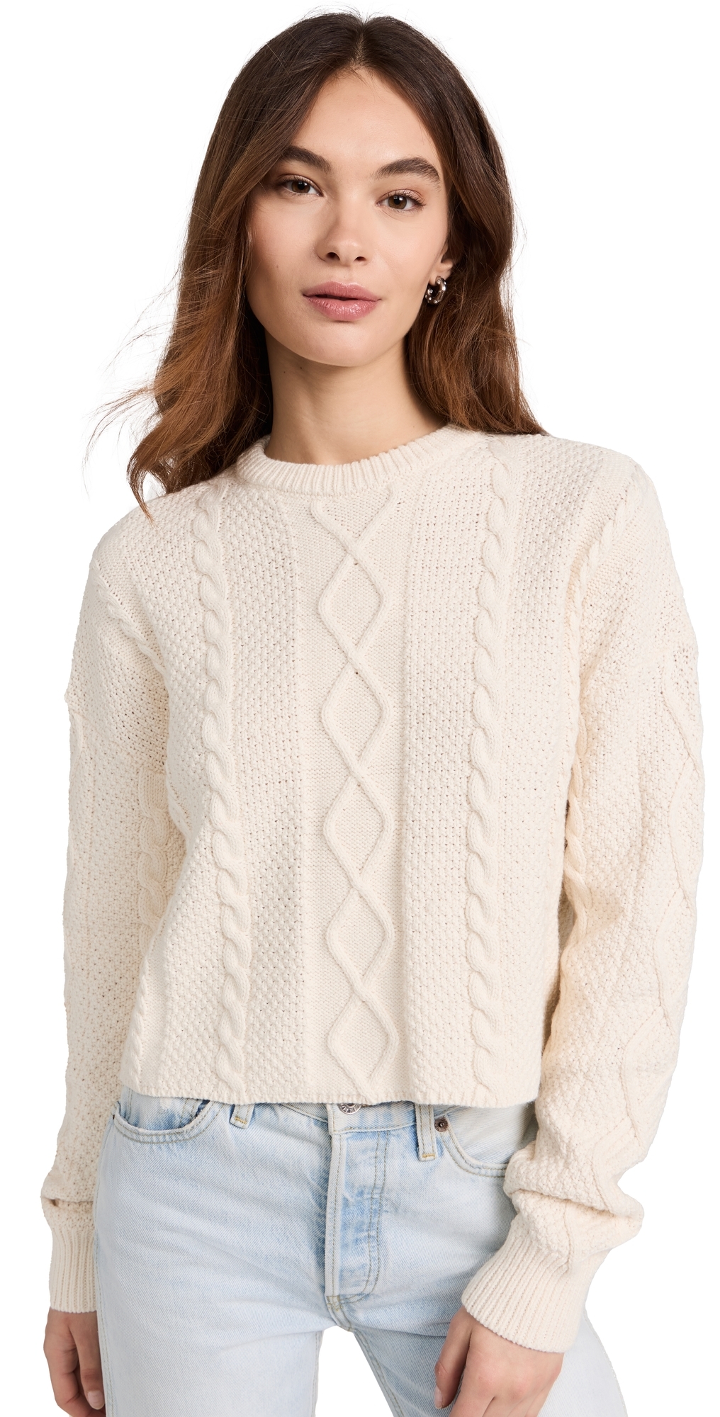 Cable Cropped Crew Sweater Ivory