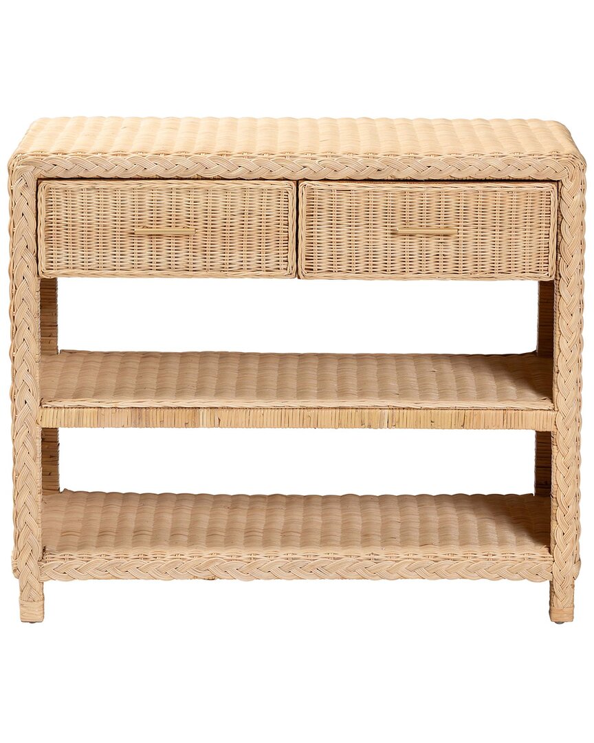 Lanica Braided Rattan Console Table with Drawers & Shelves
