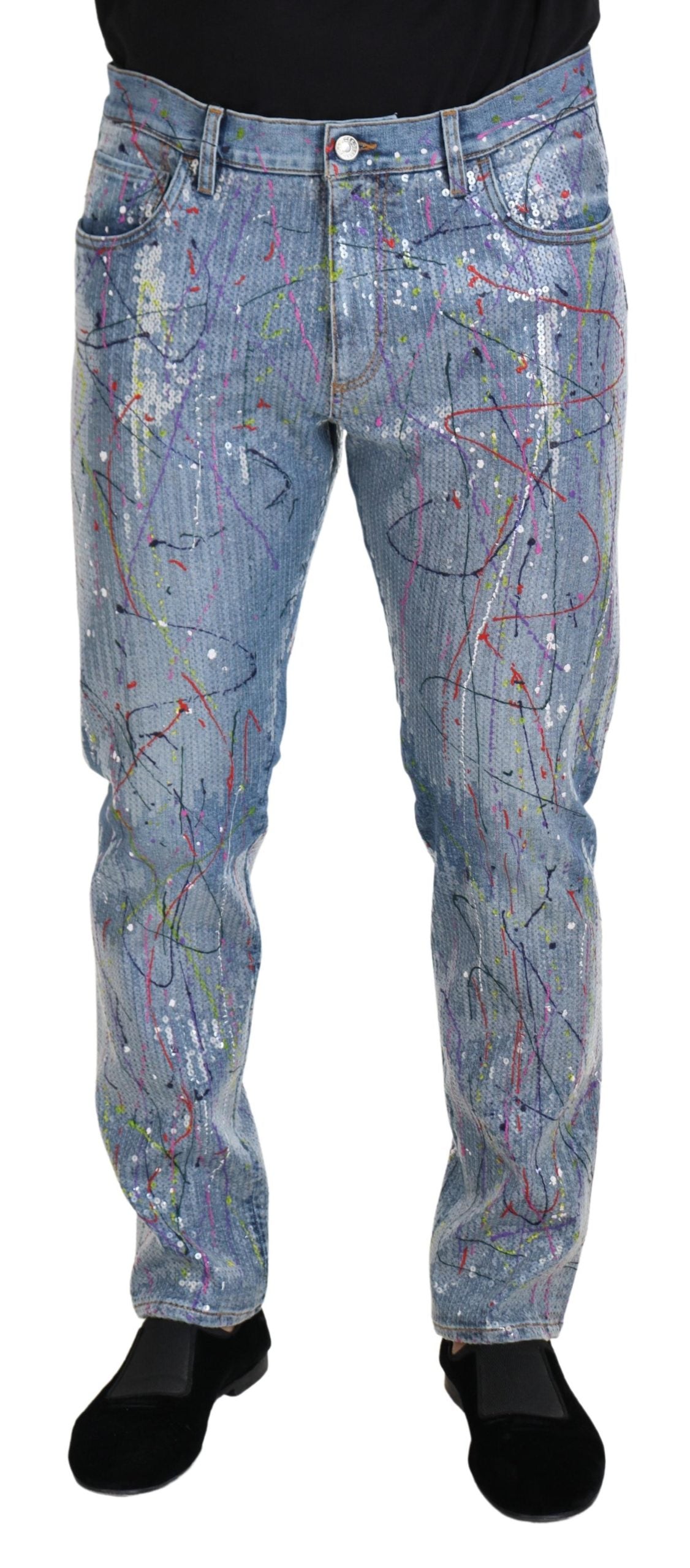 Splash-Print Cotton Jeans — Blue
