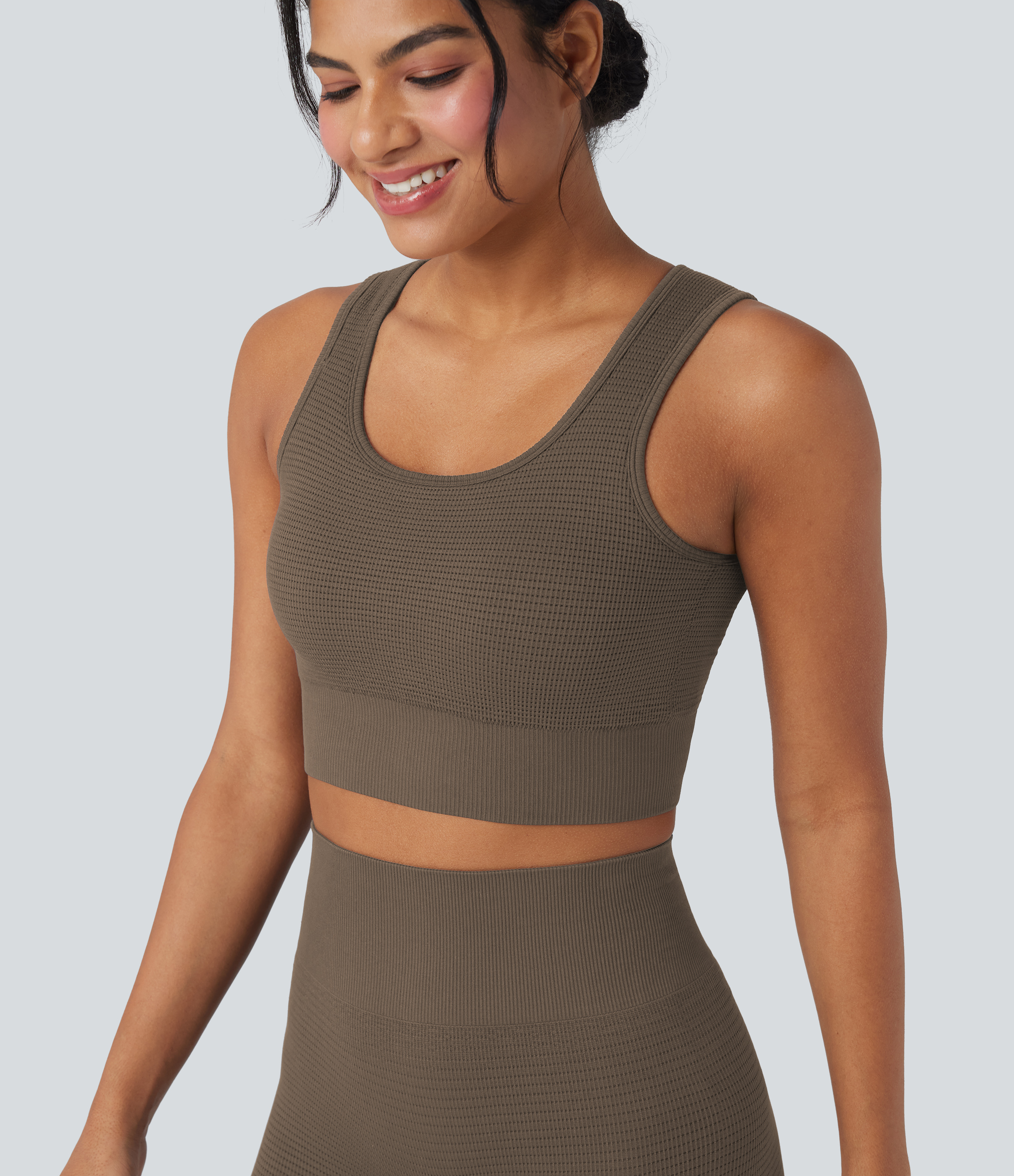 Halara OneForm Seamless Flow Low Support U Neck Cropped Waffle Yoga Sports Bra - Dawn Brown