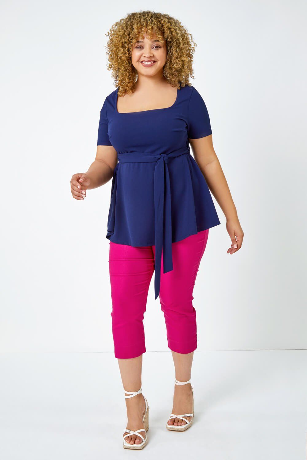 Roman Women's Curve Stretch Belted Peplum Top in Navy