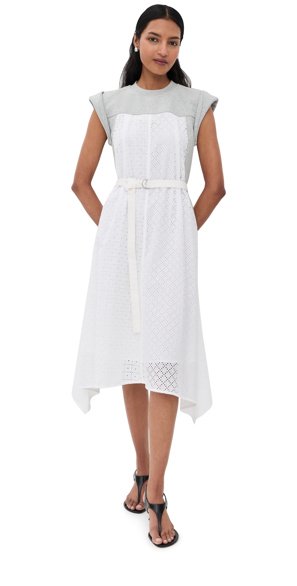 Sleeveless French Terry Midi Dress with Broderie Anglaise Lt Grey Melange/White
