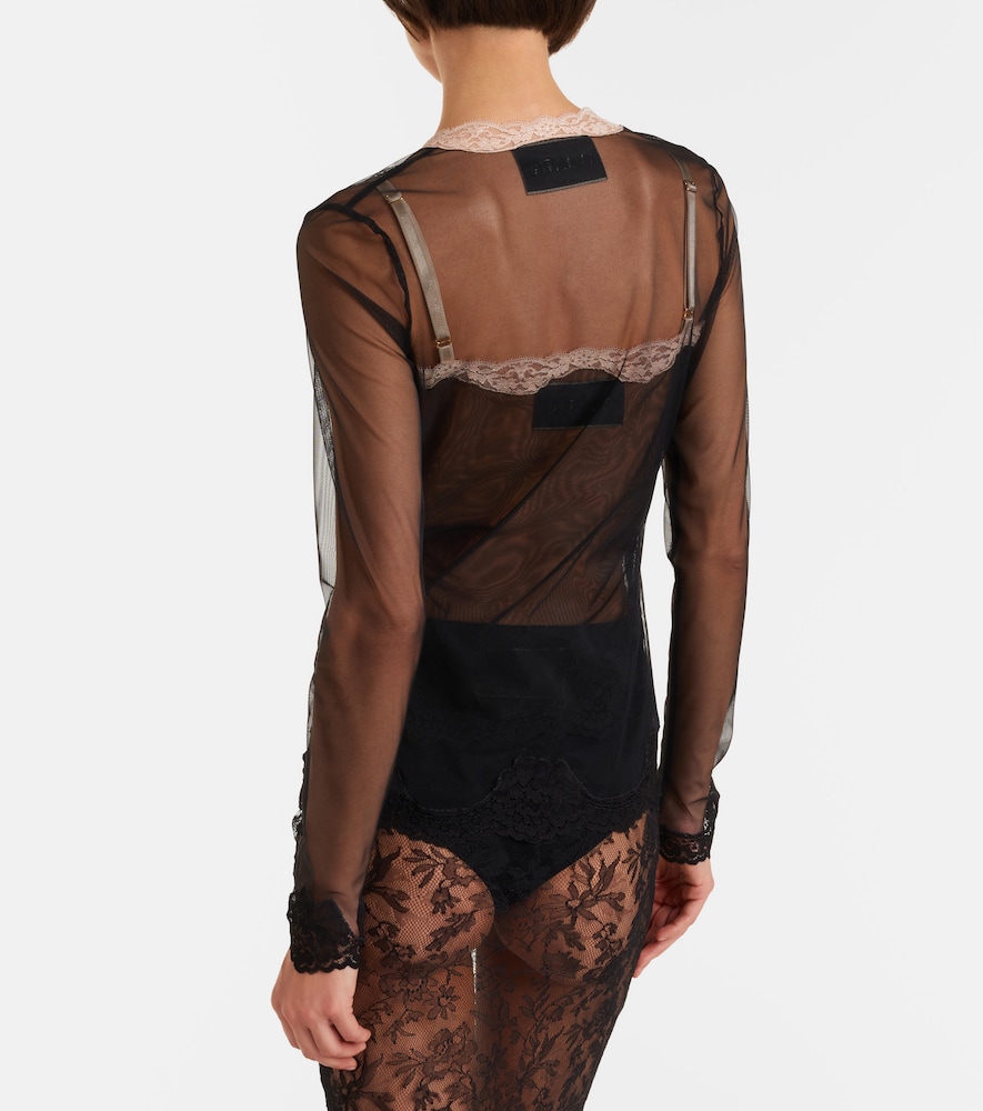 Lace-trimmed sheer mesh shirt