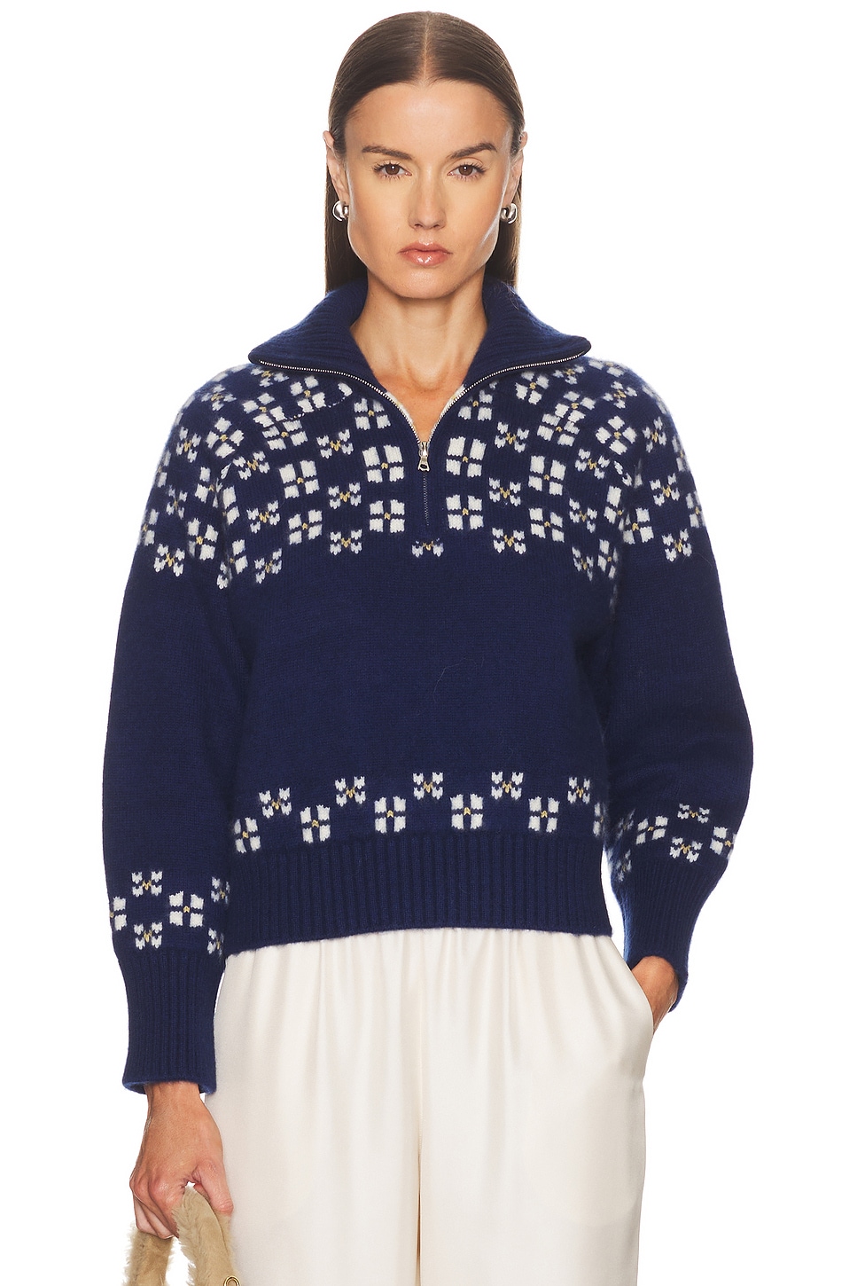 Calle Del Mar Winter Fair Isle Half Zip Sweater in Navy & Multi - Navy. XS also in L