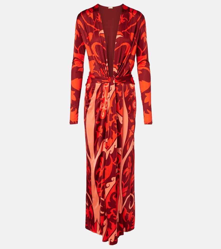 Gathered printed jersey midi dress