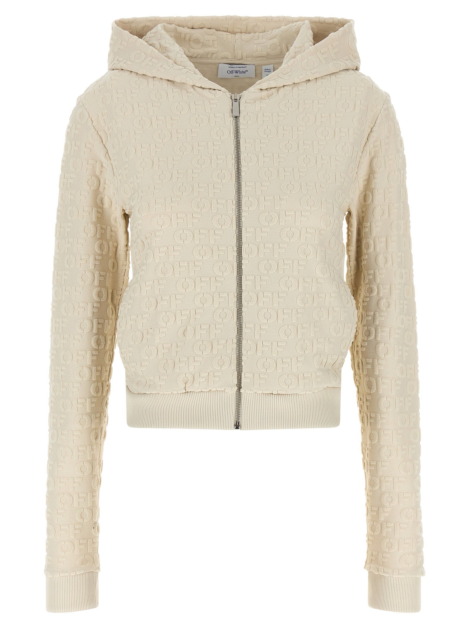 Embossed Logo Jacquard Terry Hoodie — Cream