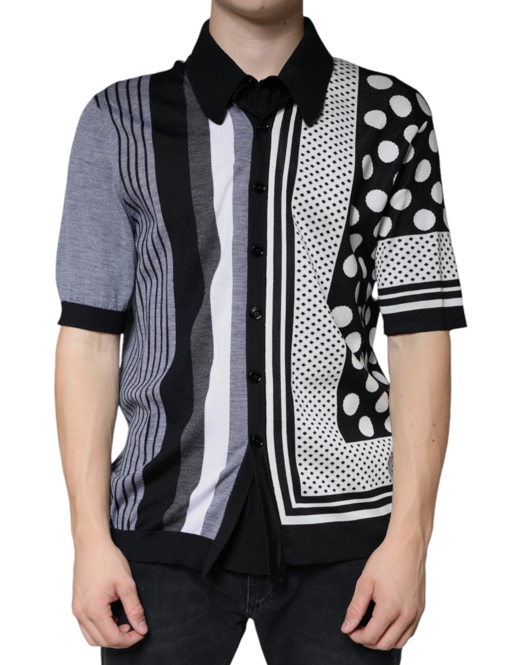 Mixed-Print Silk-Cotton Blend Polo Shirt — Black