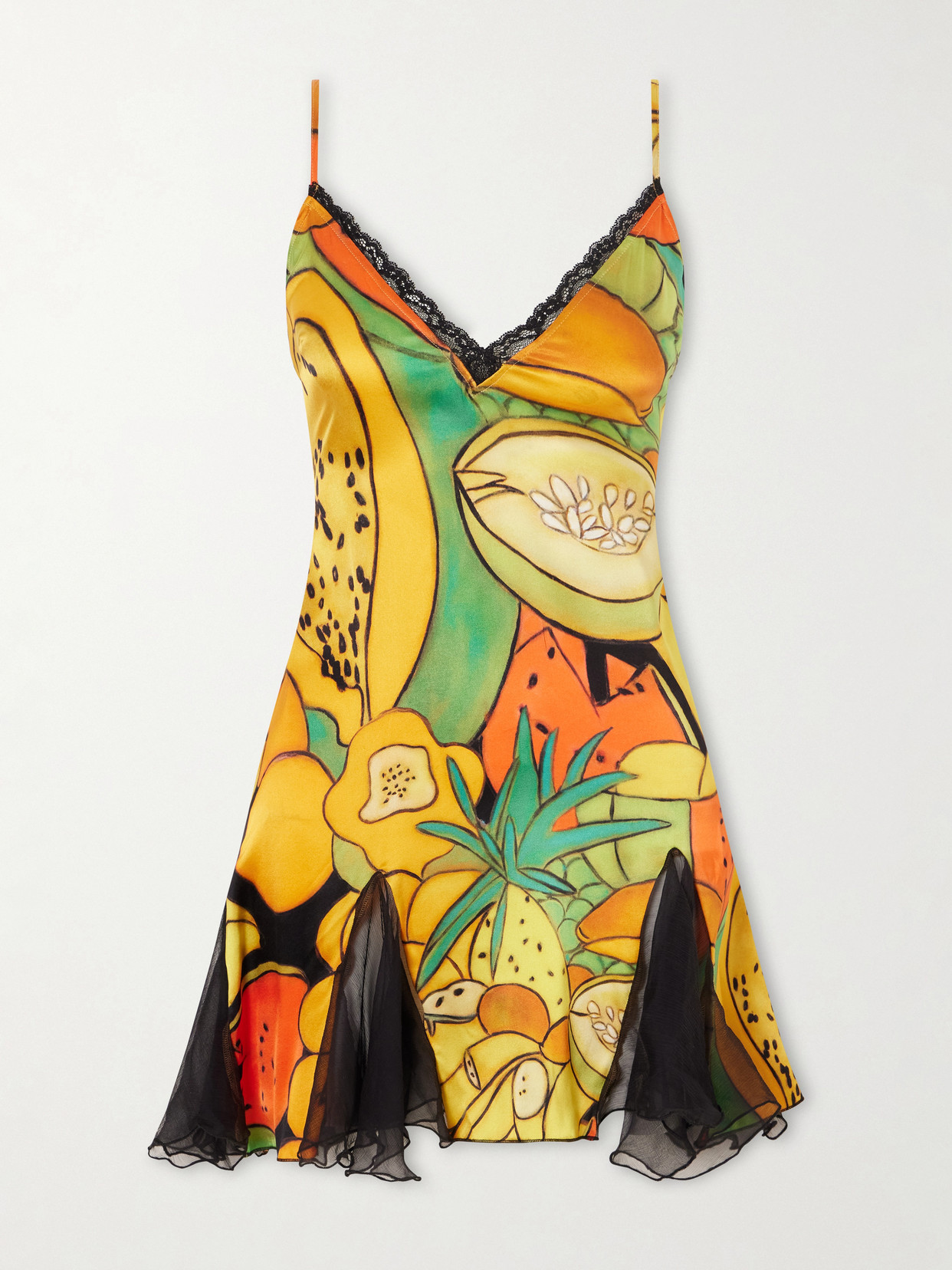 Frutas Ruffled Lace-trimmed Printed Silk-blend Satin And Chiffon Mini Dress - Multi