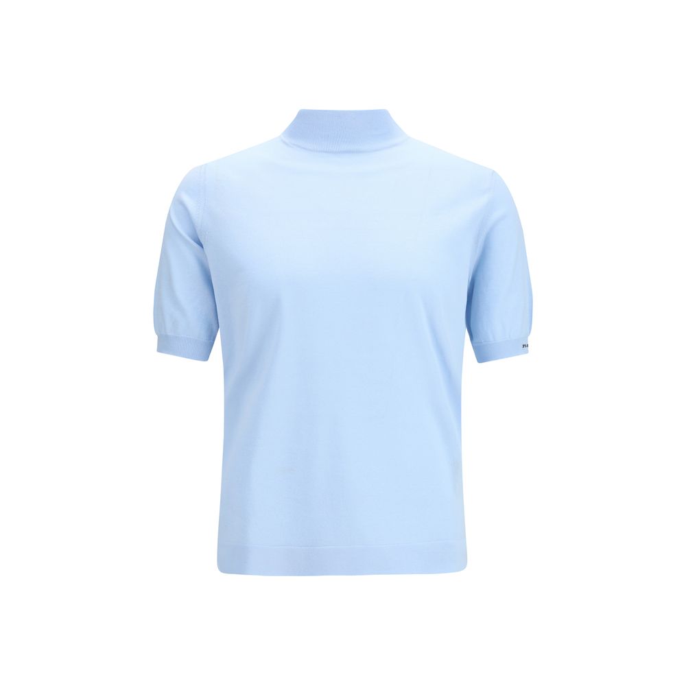 Cotton Knit Short-Sleeve Sweater — Blue