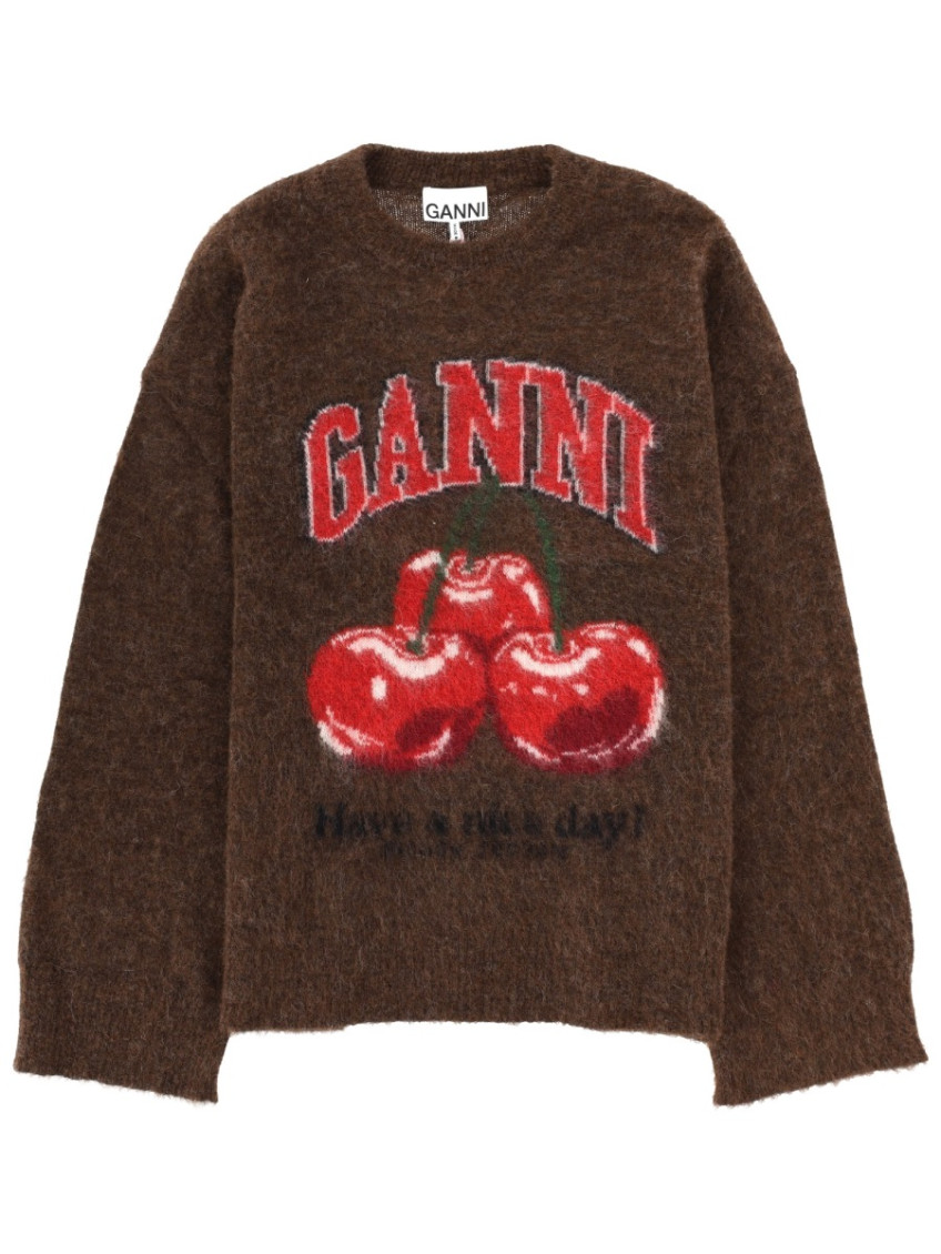 Ganni - crew neck graphic print soft knit top