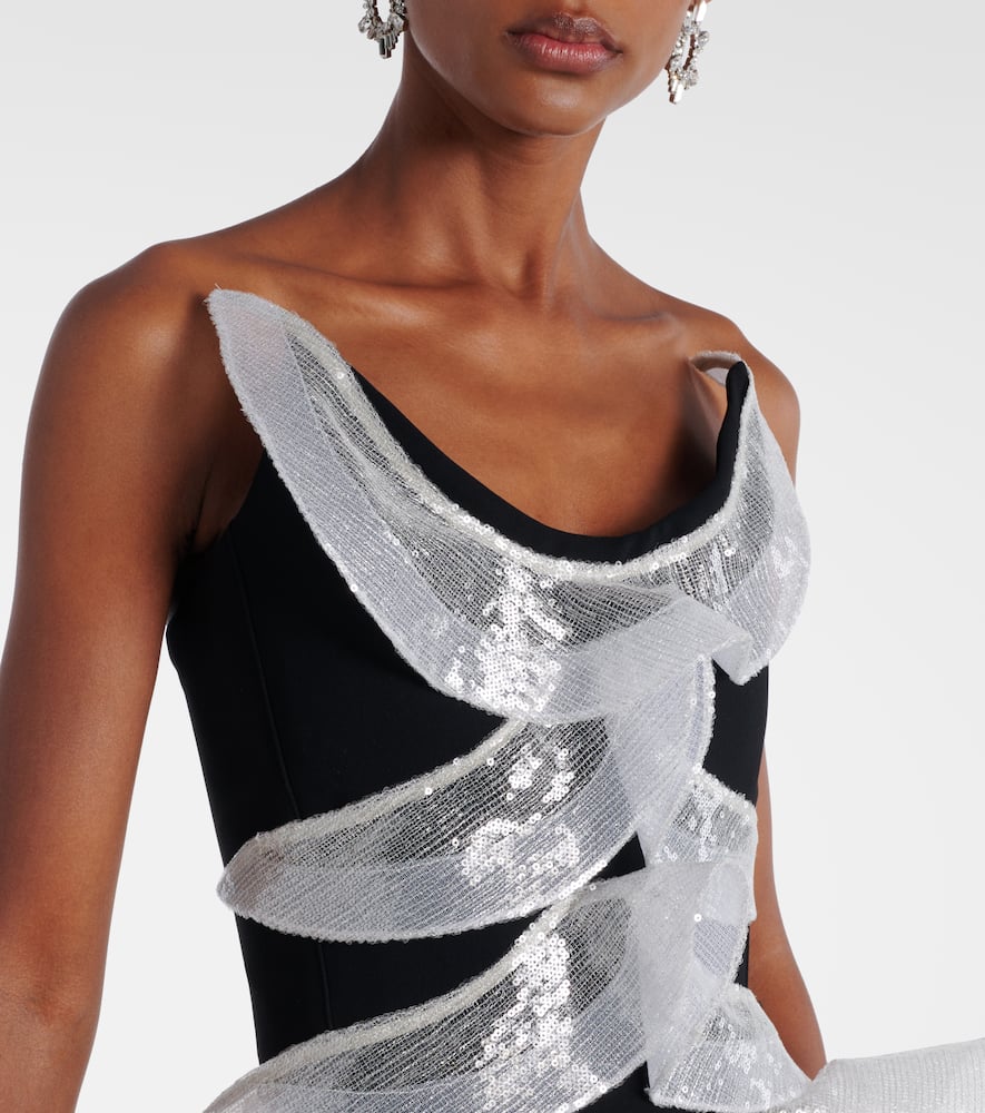 Refraction sequined ruffled gown