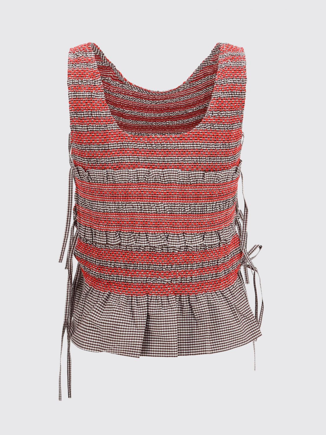 Striped Cotton Top with Tie Fastening and Flounces