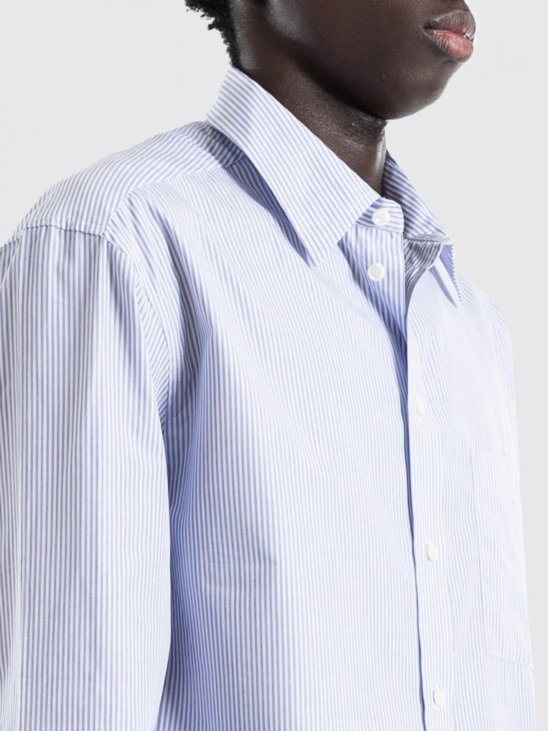 Striped Cotton Shirt with Classic Collar and Curved Hem