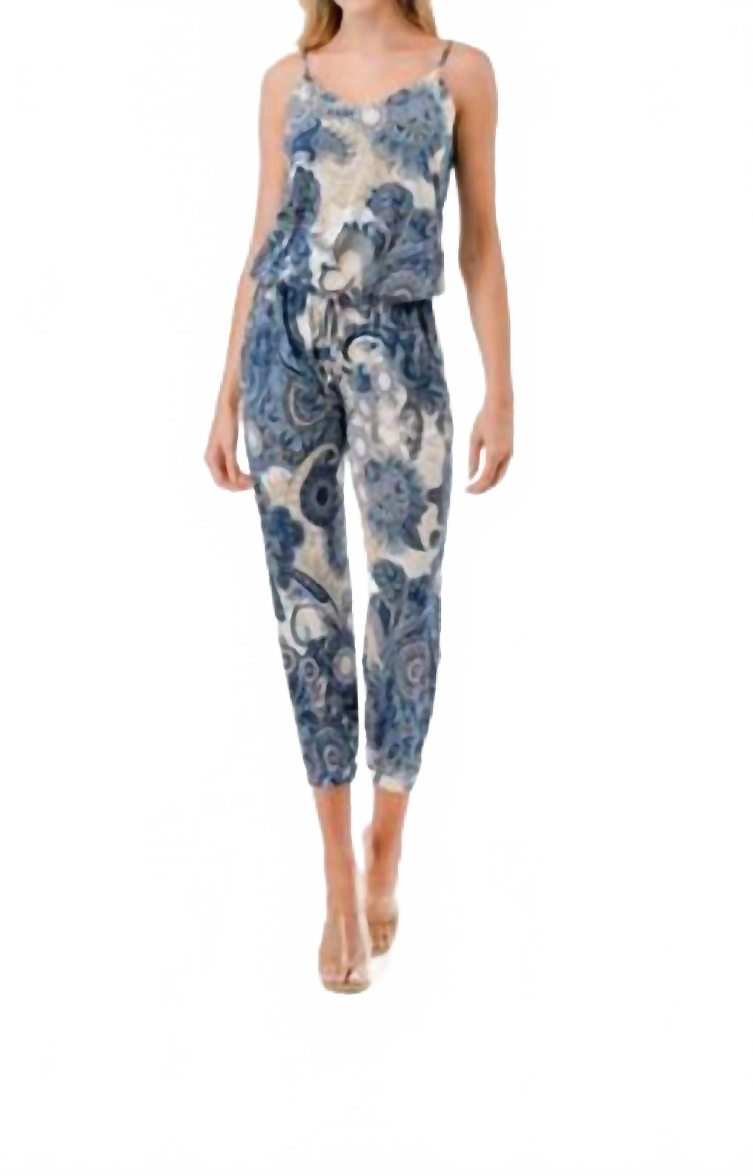 Paisley Jumpsuit In White, Blue, Tan