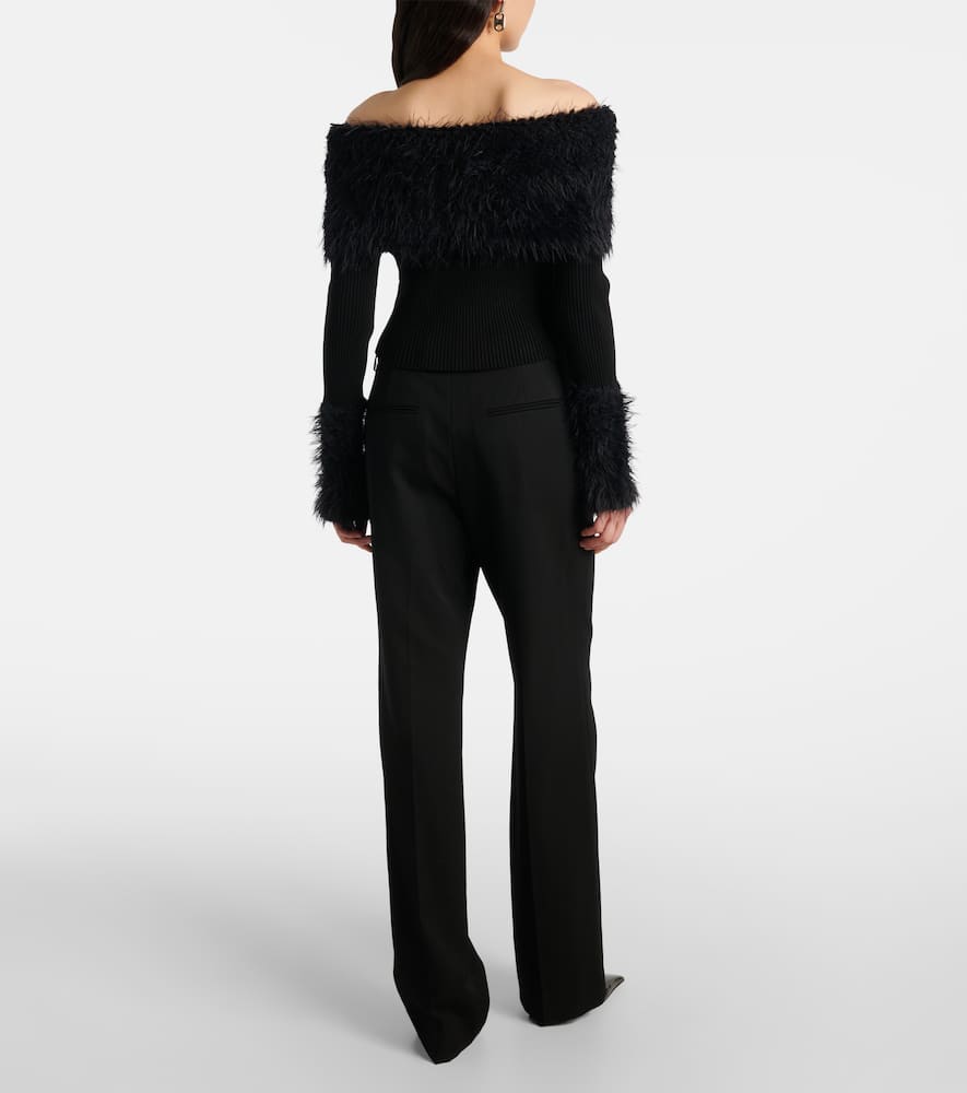 Ribbed-knit faux fur-trimmed top
