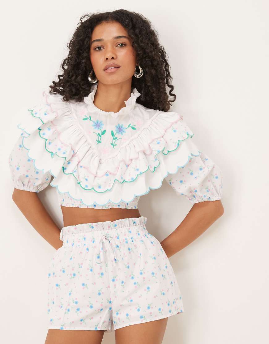 Extreme ruffle crop top in white blue pink ditsy mix-Multi