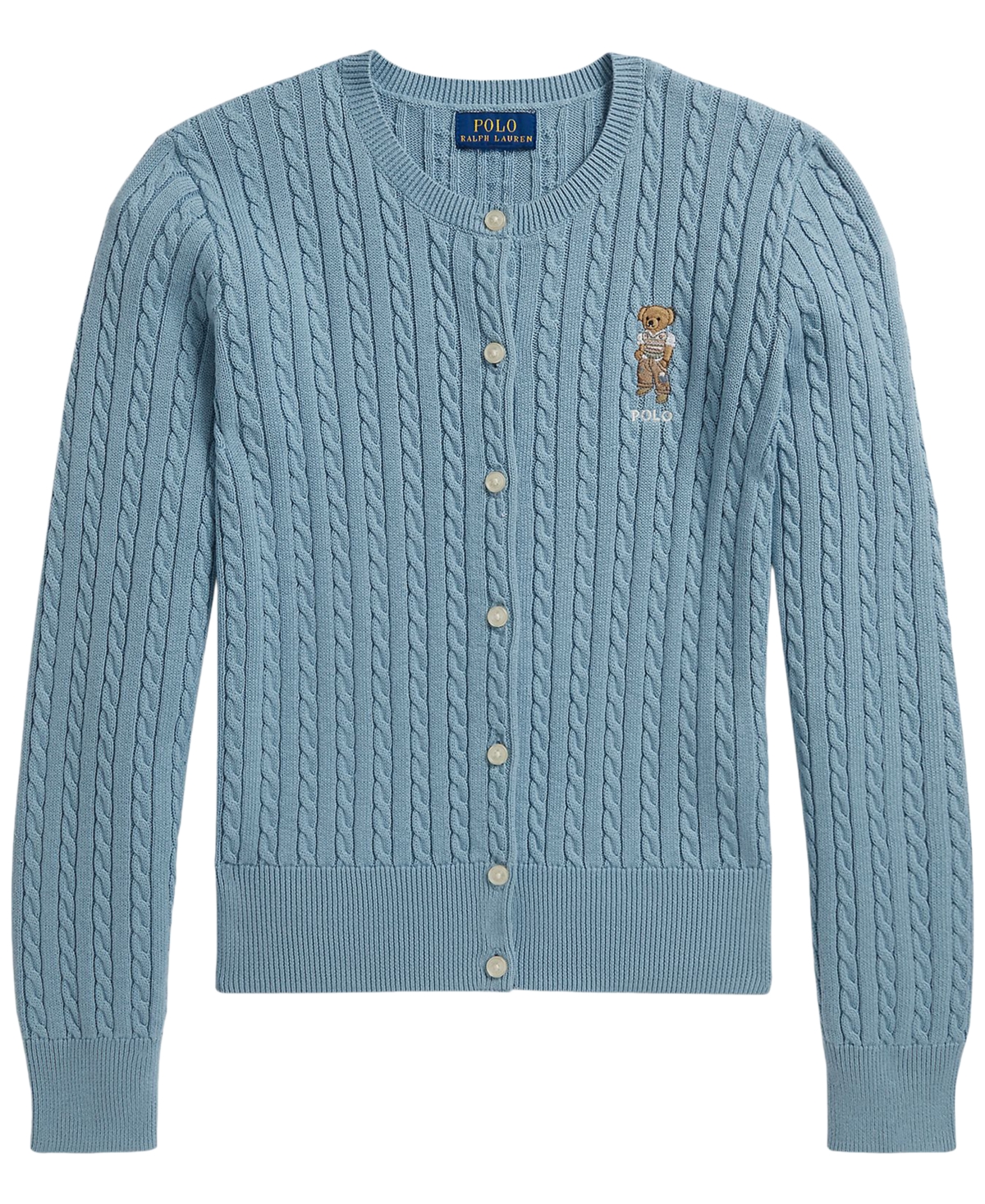 Girls' 7-16 Polo Bear Mini-Cable Cardigan Sweater - Cassidy Blue