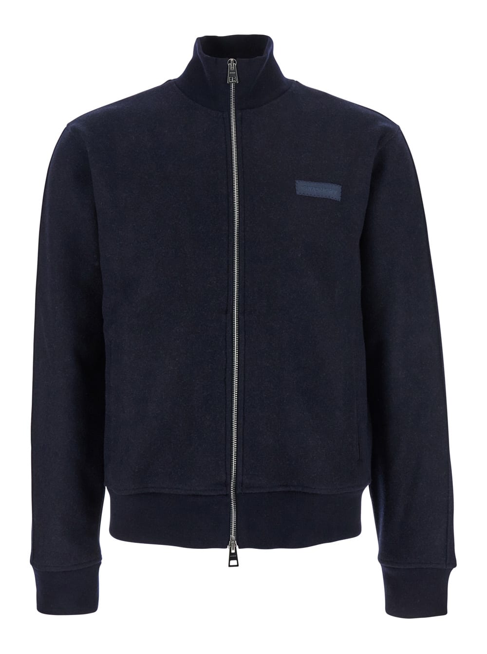 Blue Jacket With High Neck And Logo Patch On The Front In Wool And Cashmere Blend Man