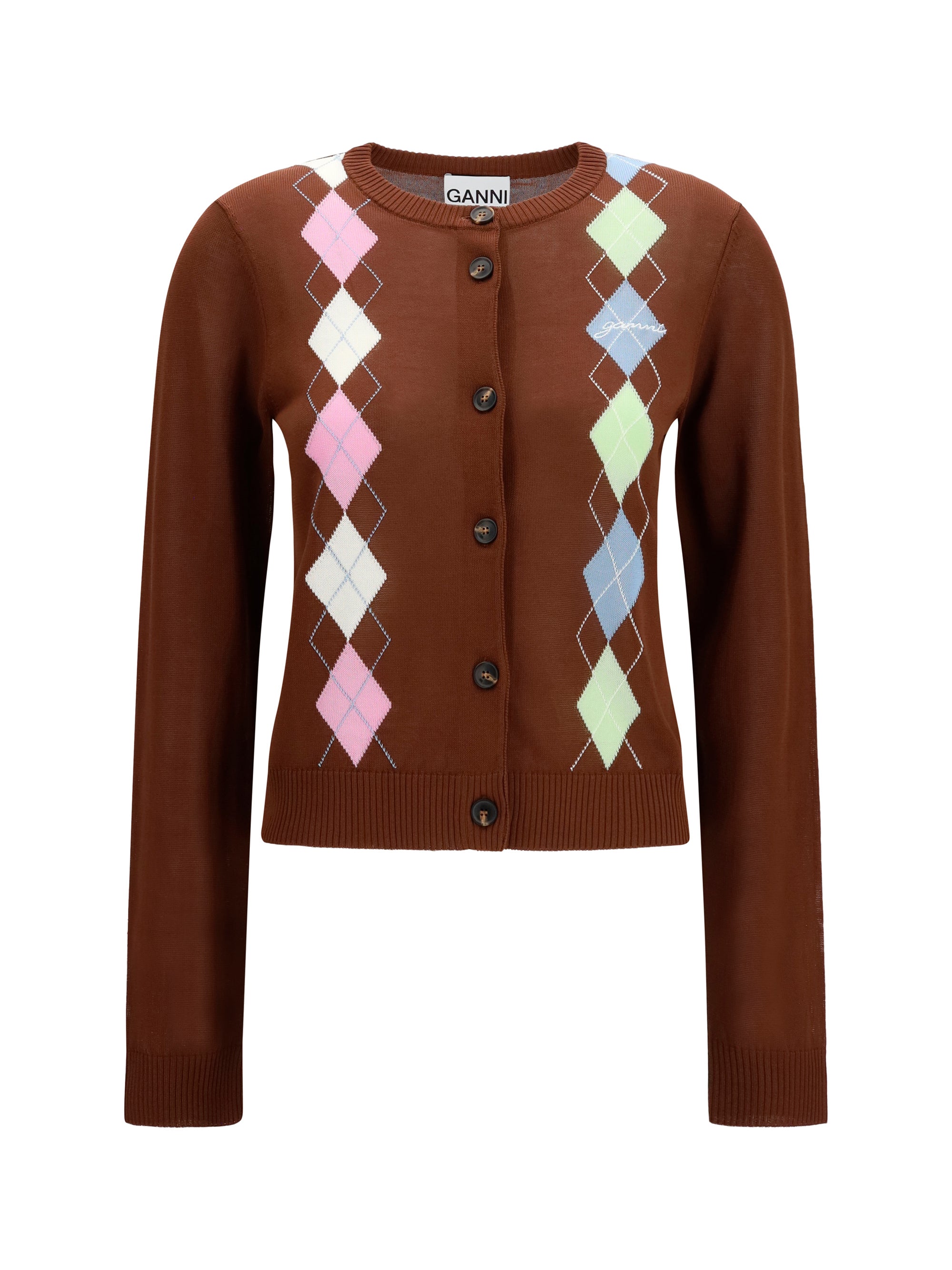 Diamond-Patterned Cotton Cardigan — Brown