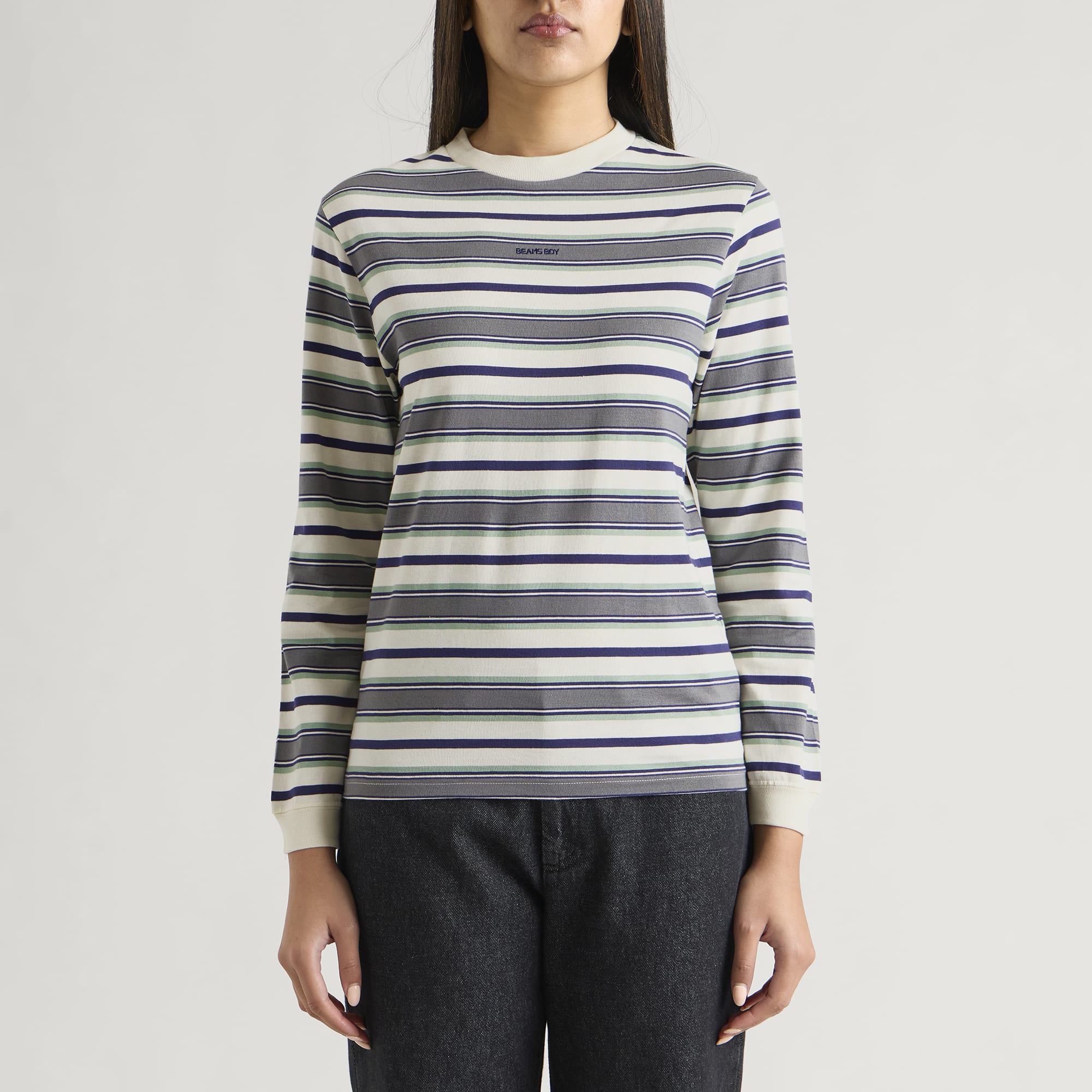 Women's Embroidered Stripe Long Sleeeve T-Shirt in Ivory