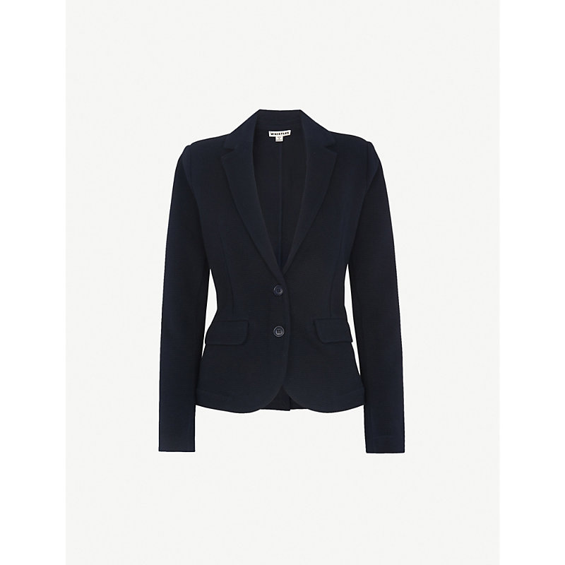 Womens Navy Single-breasted Slim-fit Cotton-jersey Jacket