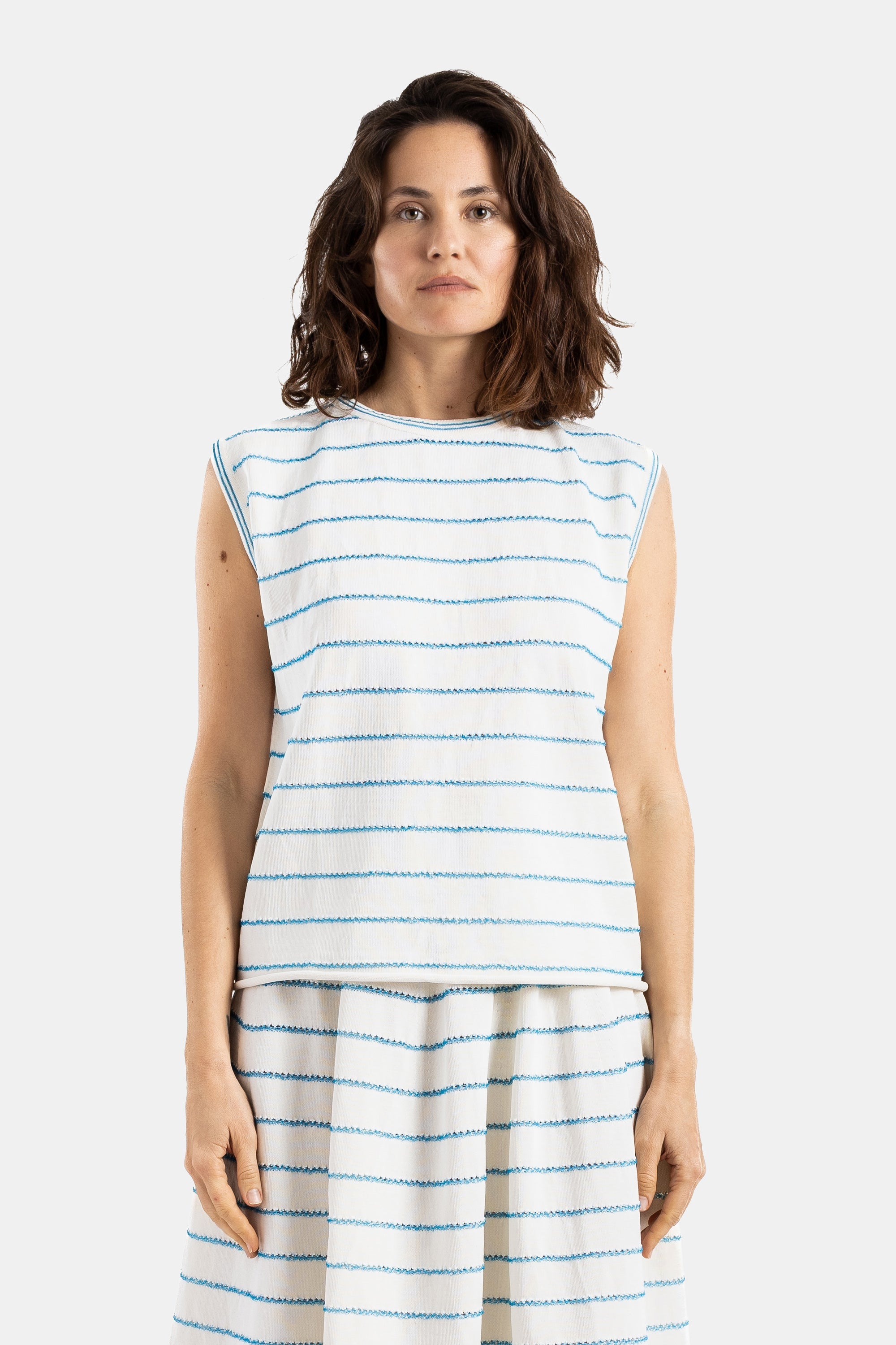 Wavy Striped Embroidered Knit Tank Top — Ecru