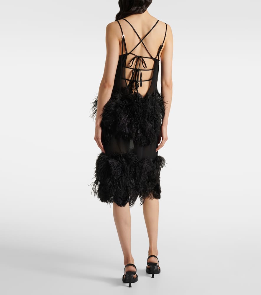 Sheer feather-trimmed midi dress