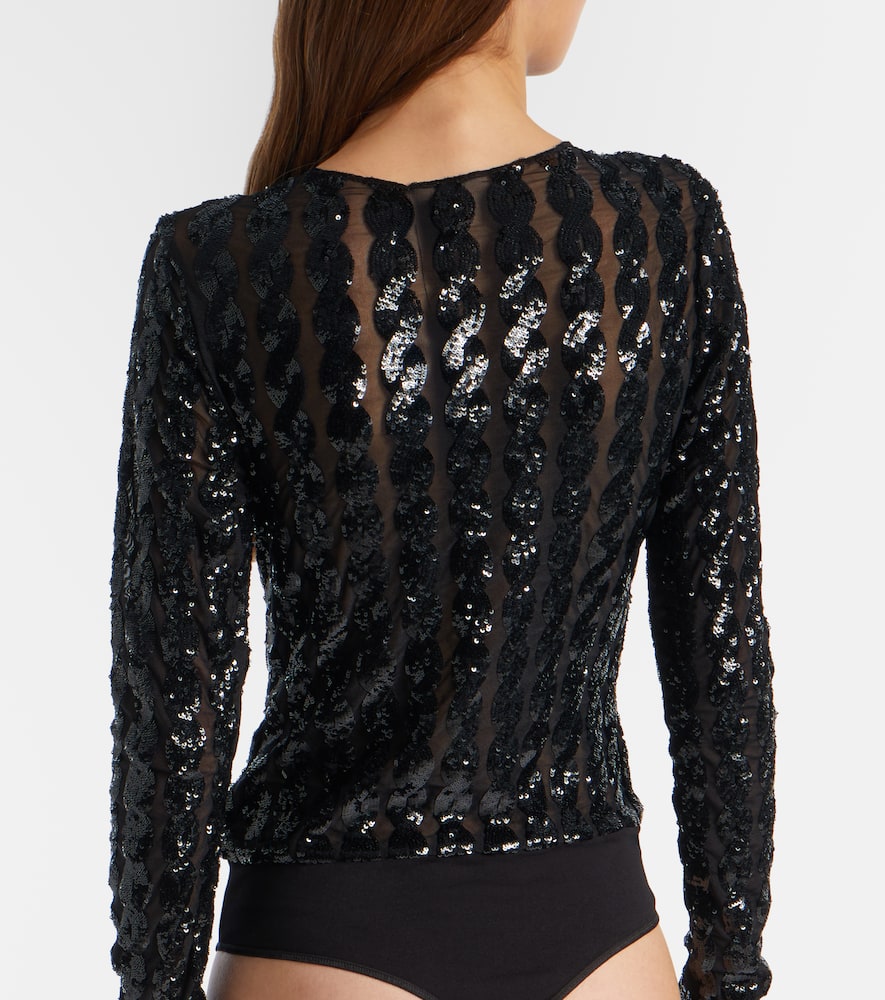 Sequined mesh and jersey bodysuit