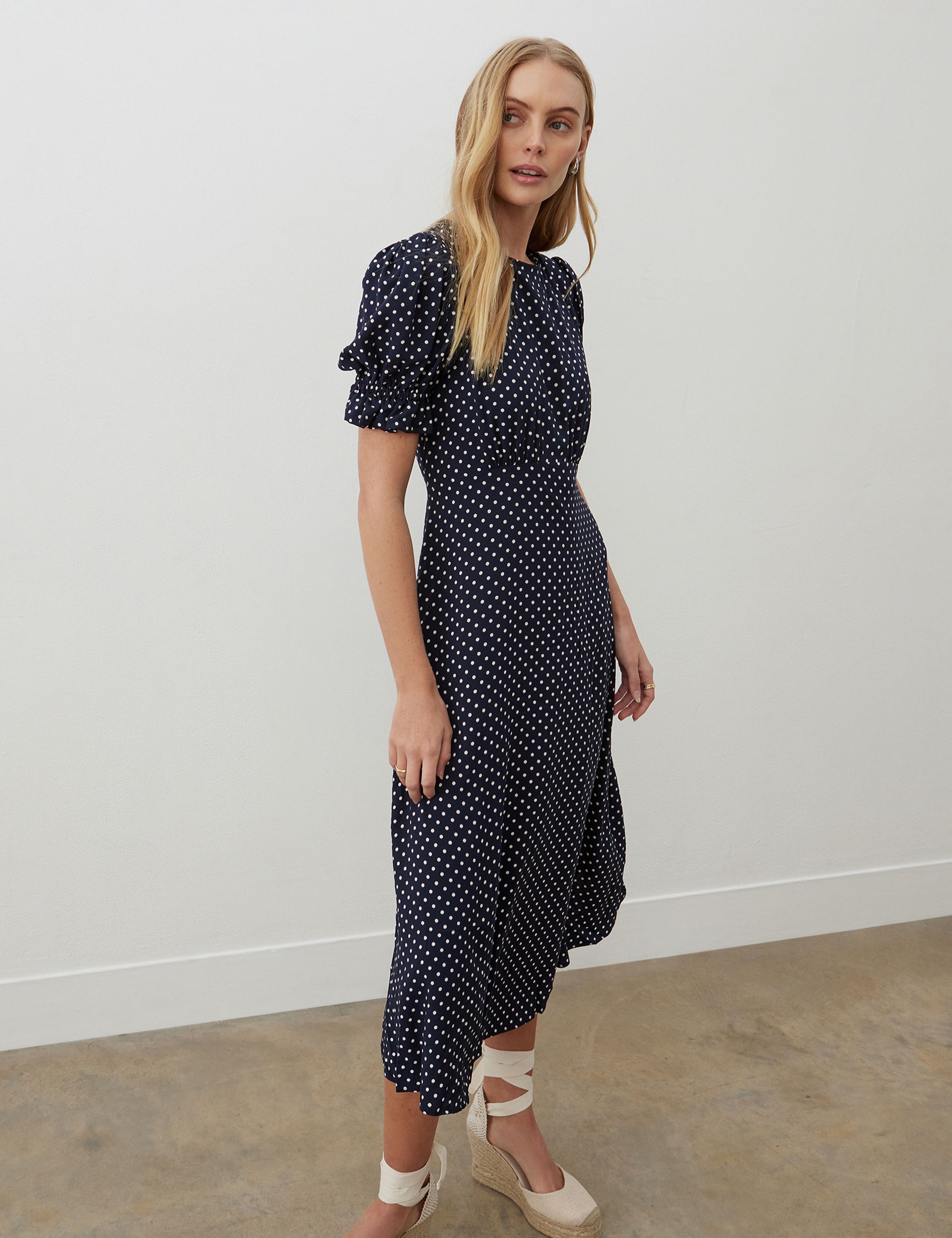 Finery London Mela Polka Dot Midi Tea Dress In Navy