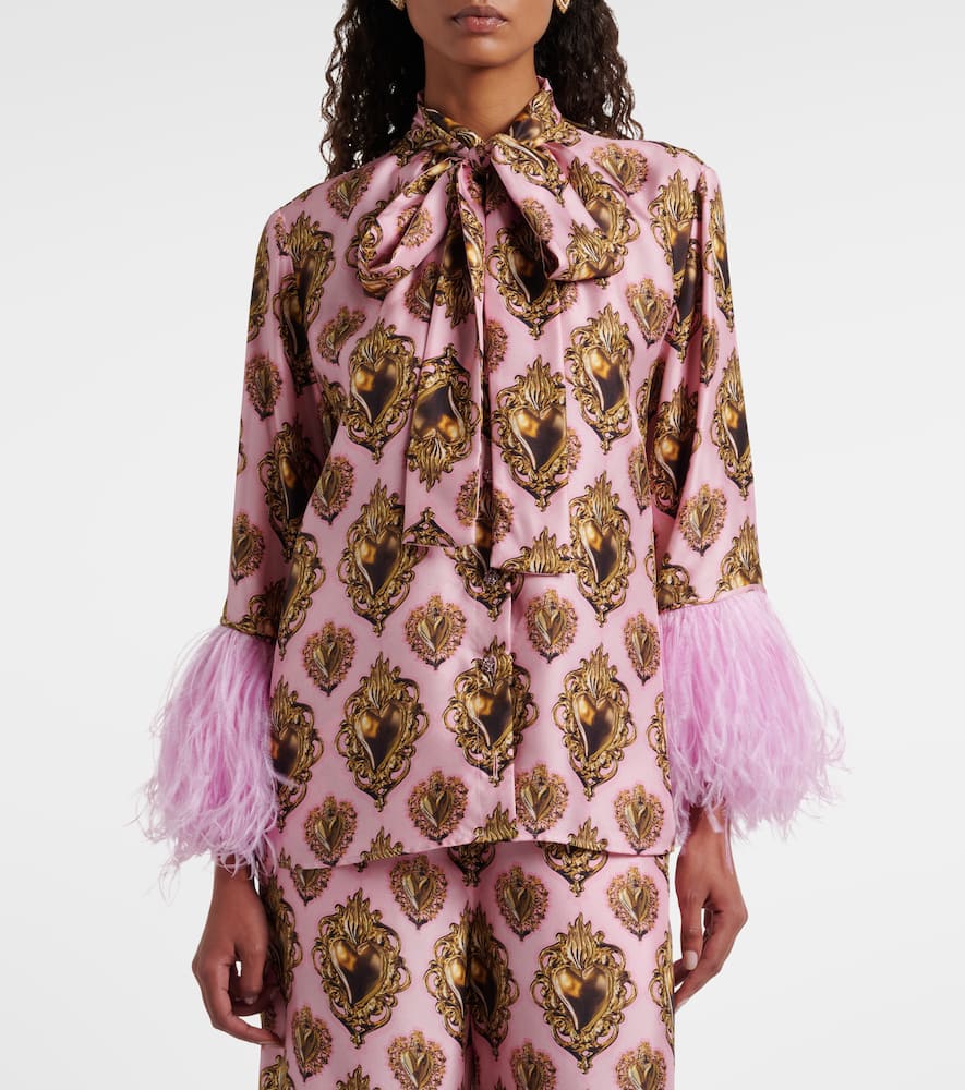 Feather-trimmed printed silk blouse