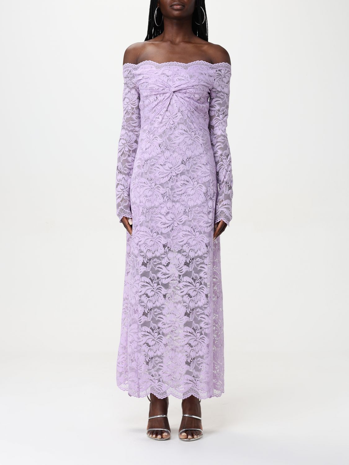 Bardot-neckline lace maxi dress - Purple
