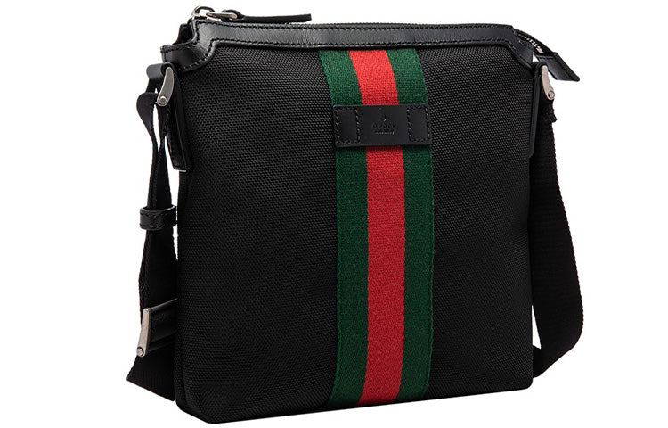 Men's Red Green Stripe Webbing Leather Logo Canvas Shoulder Messenger Bag Black