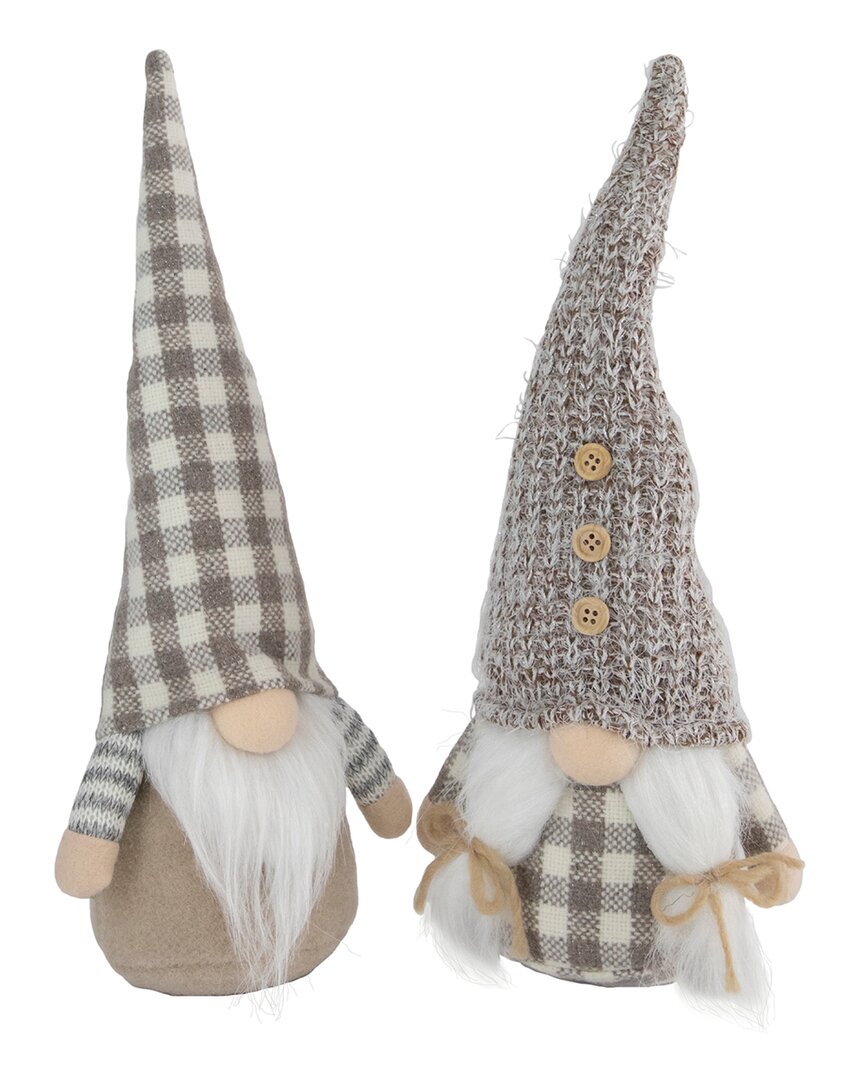 Northlight Set of 2 Beige And White Gingham Nordic Christmas Gnomes 13in