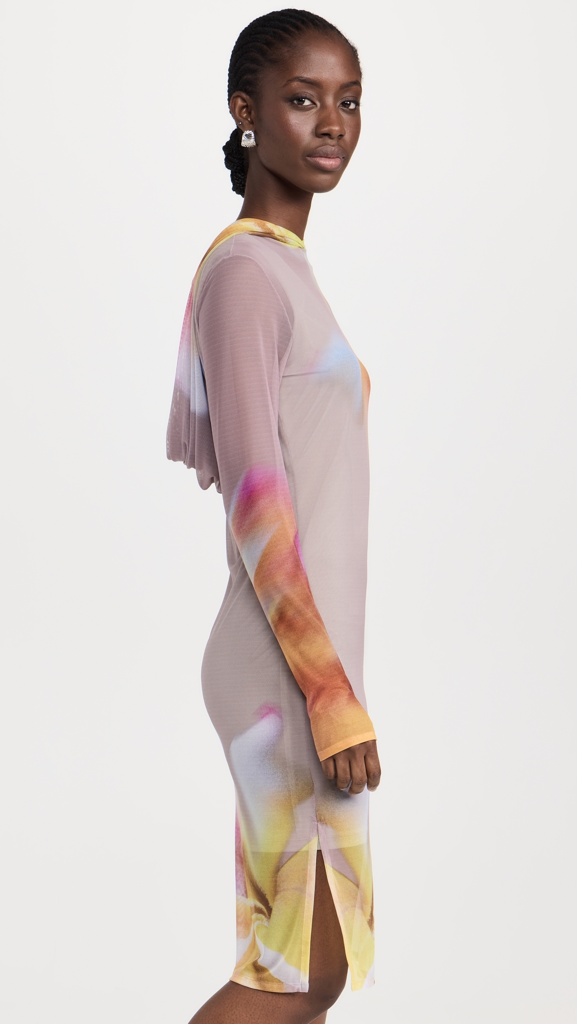 Printed Mesh Midi Dress with Hood Petals and Putty
