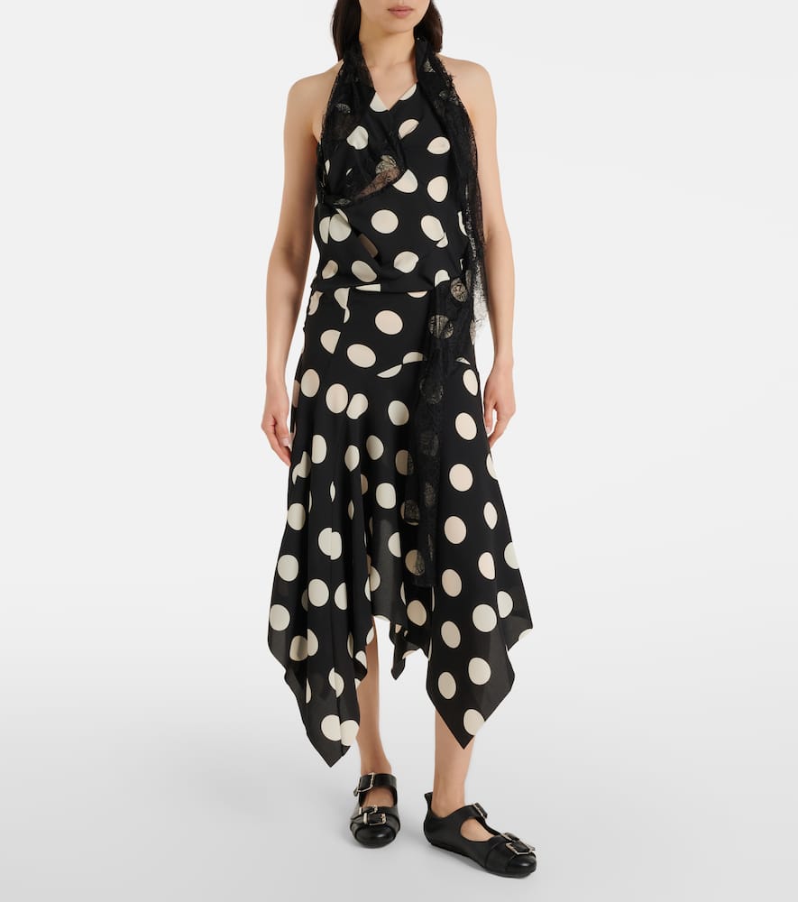 Lace-trimmed polka-dot midi dress