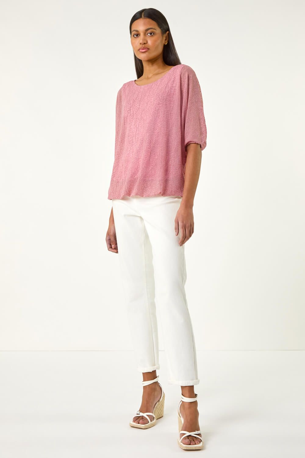Roman Mesh Bubble Hem Stretch Top In Pink