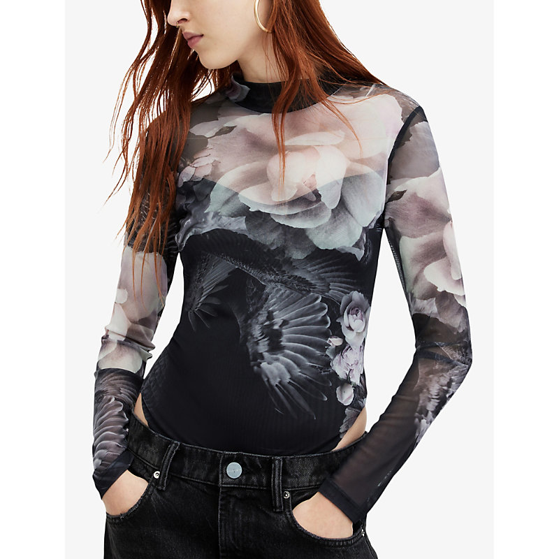 Womens Black Mono Elia Valley Graphic-print Long-sleeve Mesh Bodysuit