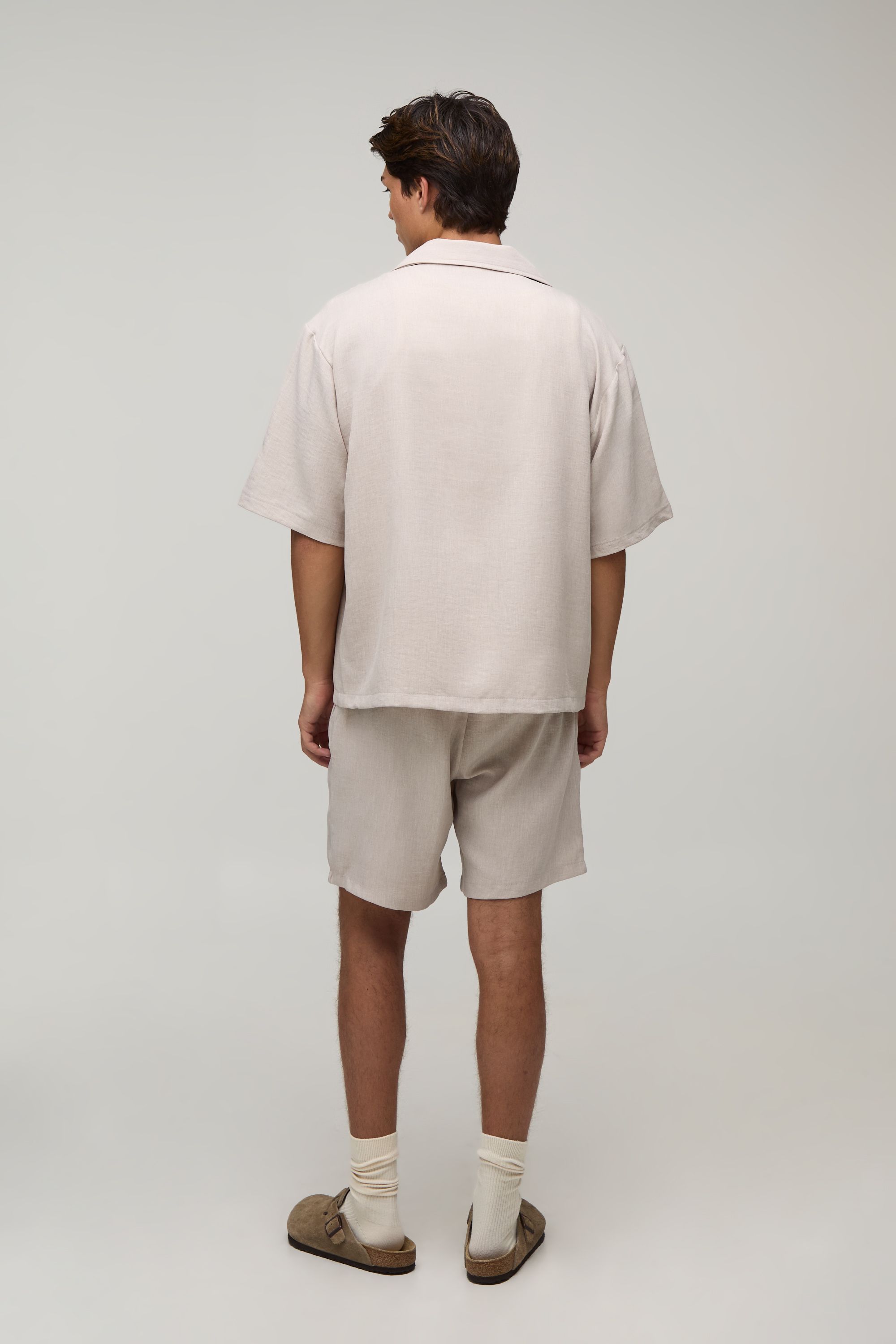 BoohooMAN Mens Wrap Linen Look Shirt & Short Set - Natural - Sma