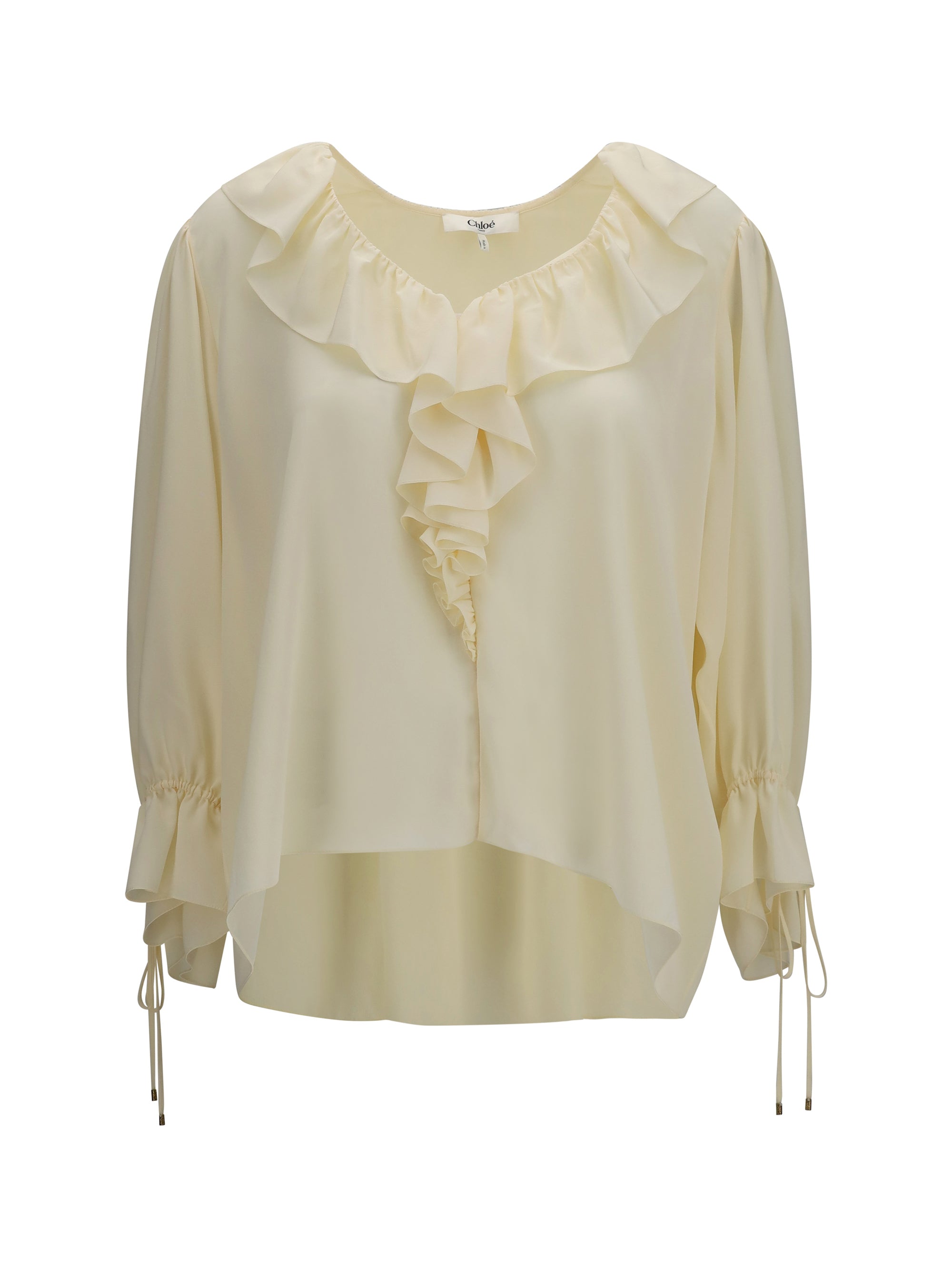 Ruffled V-Neck Silk Shirt — White
