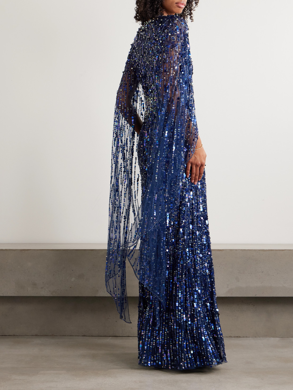 Honey Dew Cape-effect Embellished Tulle Gown - Blue