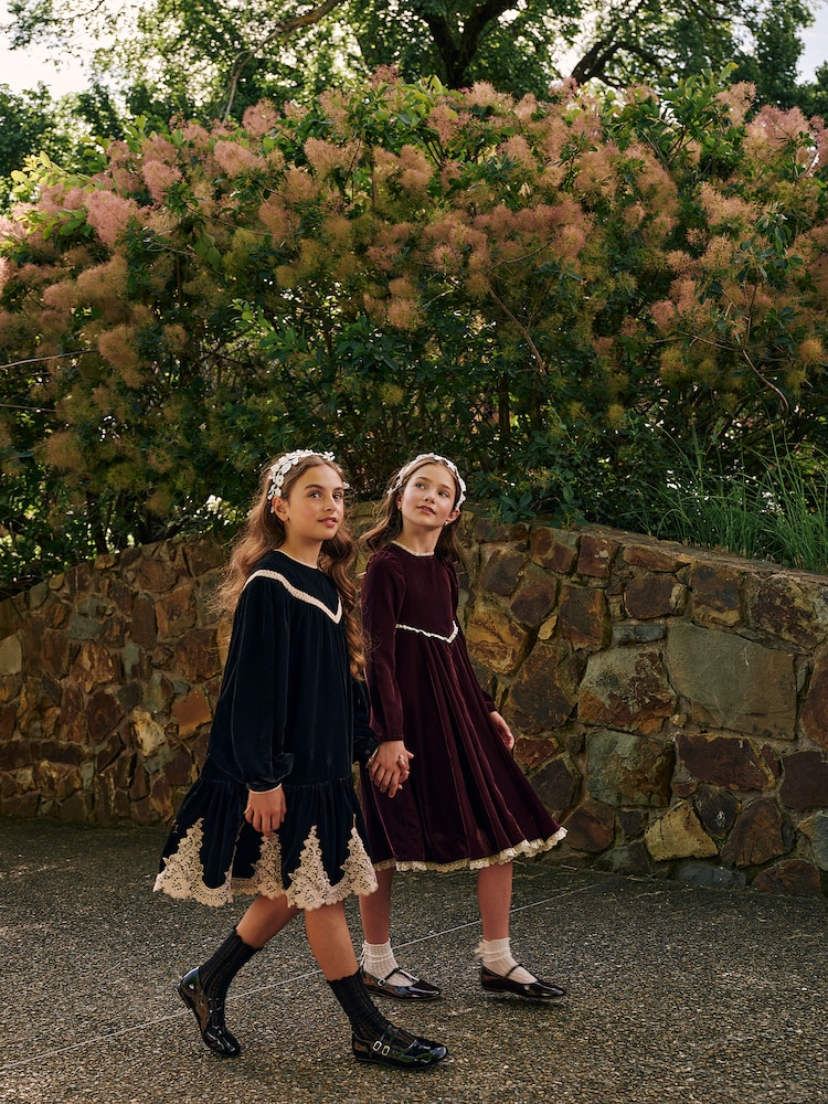 Lace-trimmed velvet dress