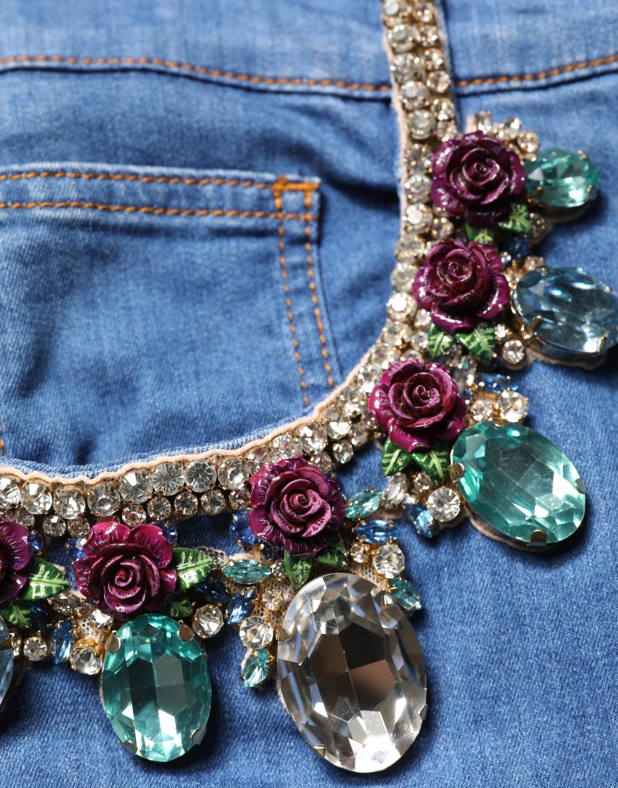 Embellished Cotton Denim Bermuda Shorts — Blue