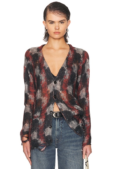 R13 Printed Boyfriend Cardigan in Red Black & White - Black. M also in L