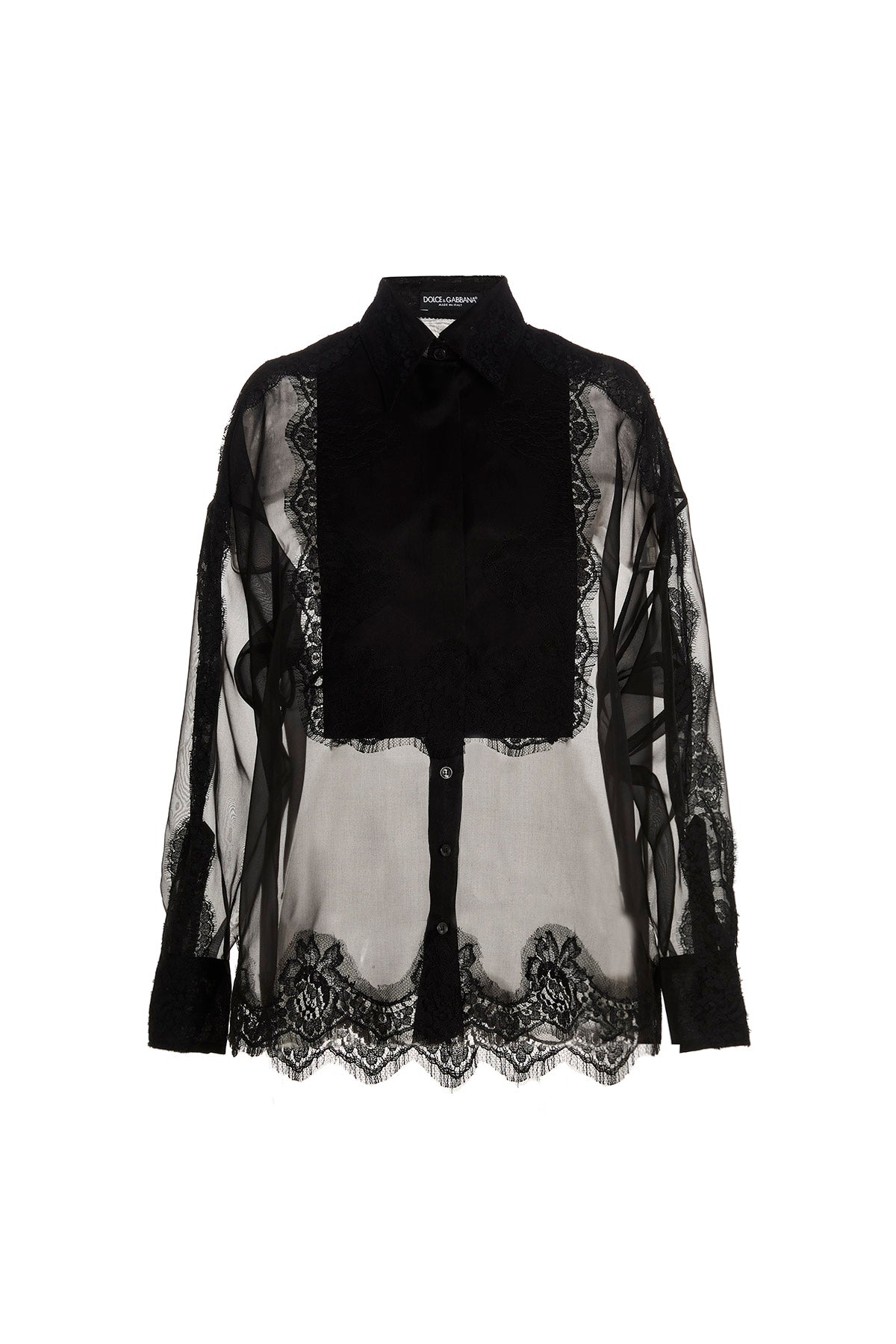 Lace-Insert Silk Blouse — Black